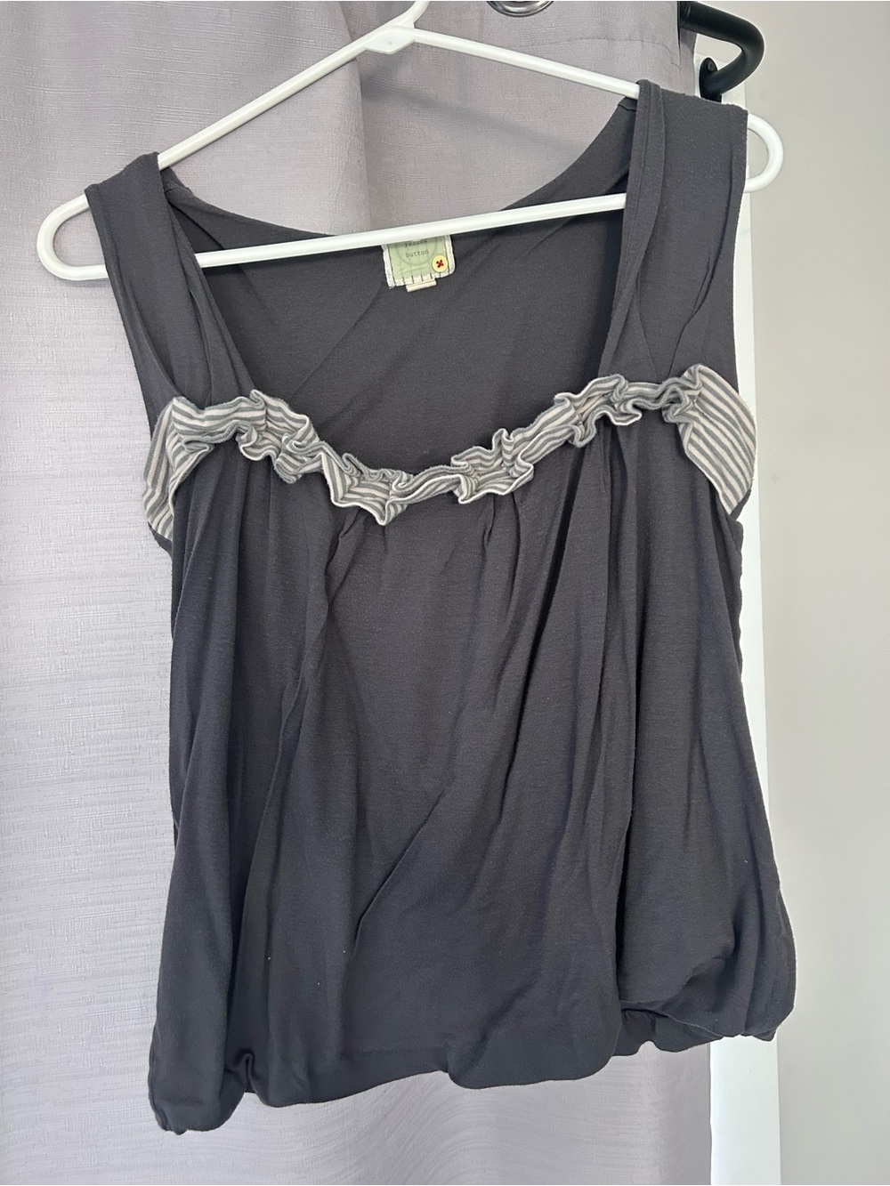 Anthropologie Little Yellow Button Charcoal Gray Ruffle-Trim Tank